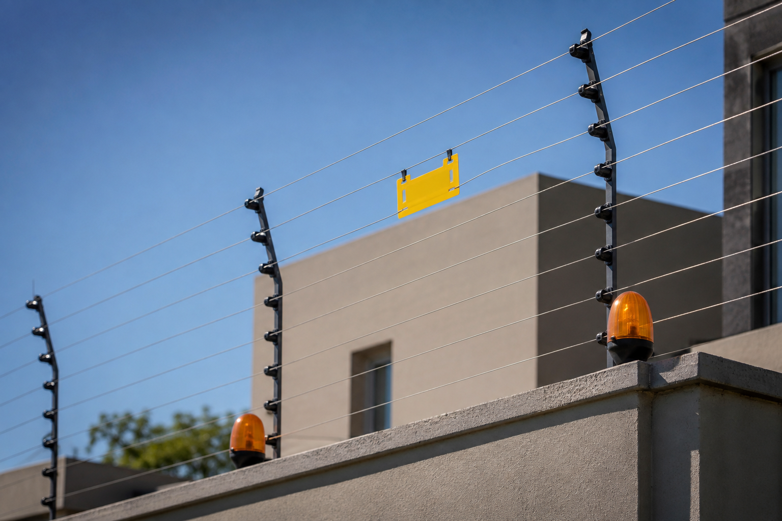 Cerco eléctrico profesional con cartelería y luces de advertencia